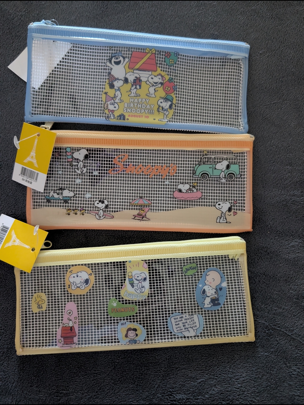 Choose Your 2 Snoopy Mesh Zipper Pencil Case - Blue, Peach, Yellow